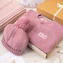 Luxury Dusky Rose Bobble Hat And Cardigan Baby Gift Box, thumbnail 6 of 12