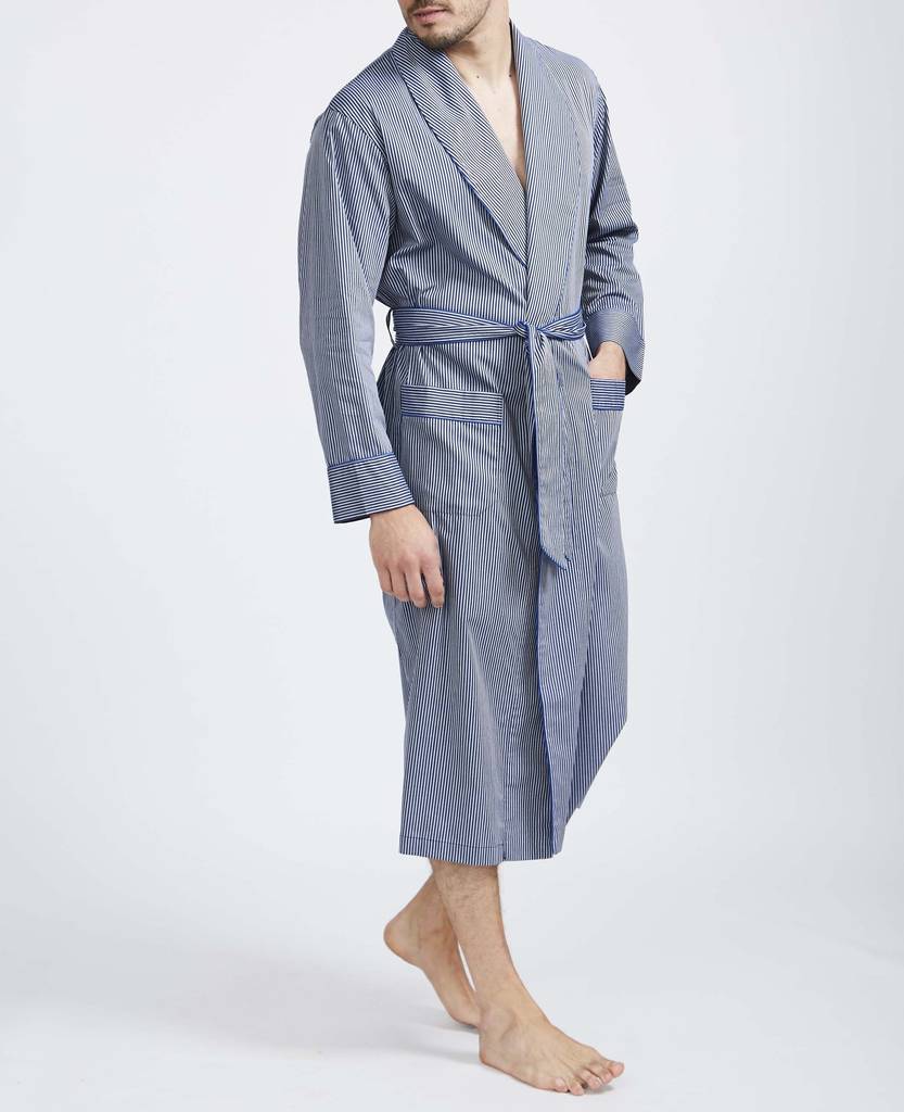 Men's Navy And Silver Minster Stripe Cotton Robe By BRITISH BOXERS ...
