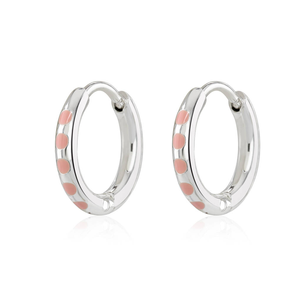 Silver Huggies With Pastel Pink Enamel, 1 of 3