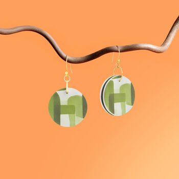 Olive Green Abstract Circular Earrings • Gold Plated Sterling Silver Hooks, 3 of 8