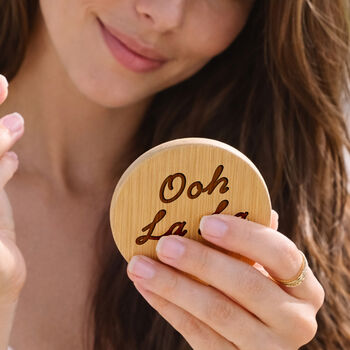 Bon Voyage 'Ooh La La' Travel Mirror Hairbrush | Gift Bag | Holiday Accessory | Wooden Brush, 2 of 4