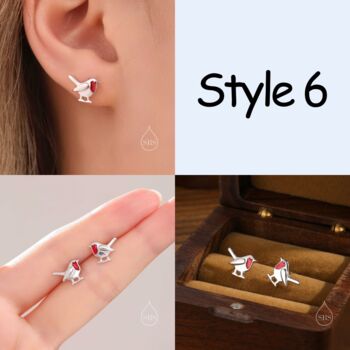 Sterling Silver Tiny Robin Bird Stud Earrings Six Styles Available, 7 of 12