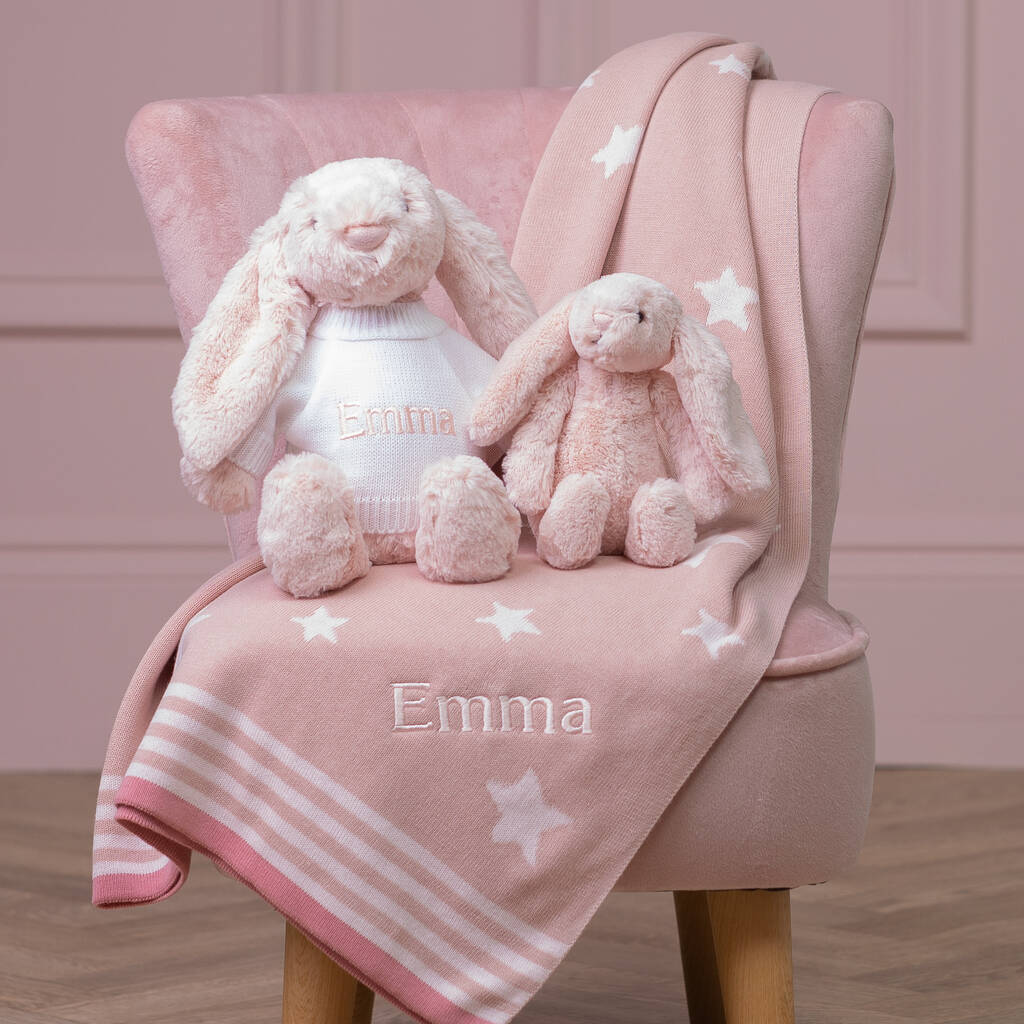 Personalised Pink Star Baby Blanket And Bashful Bunny, 1 of 4
