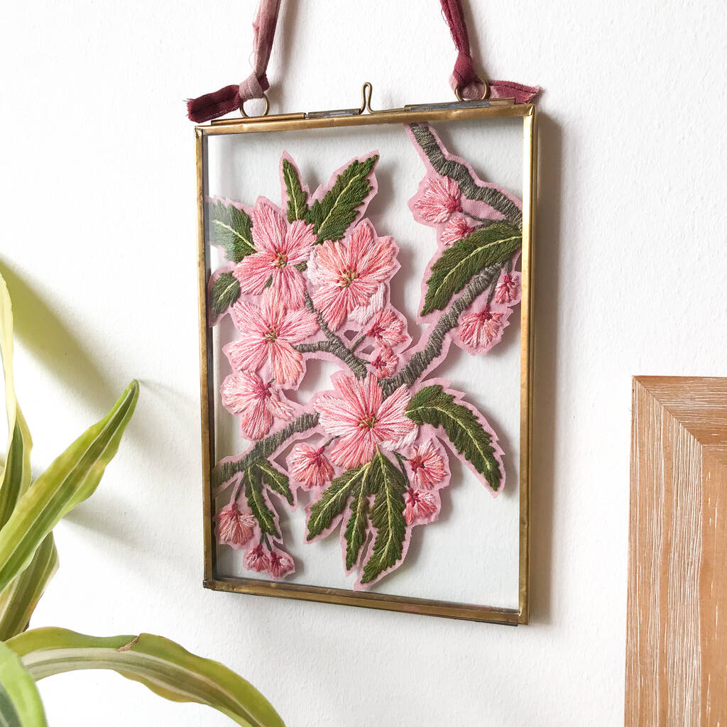 Spring Blossom Pink Embroidery Art Brass Frame, 1 of 5