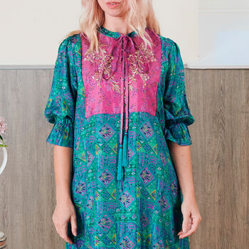 Yasmin Silk Print Embroidered Dress 04, 3 of 3