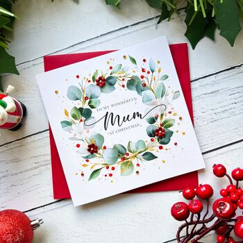 Wonderful Mum Festive Wreath Christmas Card Customisable, 2 of 5