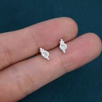 Sterling Silver Tiny Cz Crystal With Dot Trio Internally Threaded Flat Back Earrings, 3 of 10
