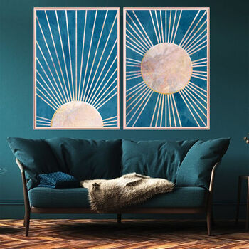 Two Boho Sun Blue Marble Bohemian Wall Art Prints, 2 of 6