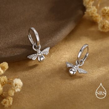 Sterling Silver Dangling Bee Hoop Earrings, 3 of 11