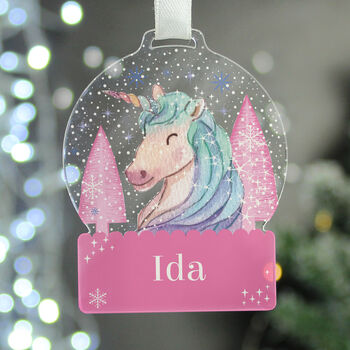 Personalised Unicorn Christmas Acrylic Snowglobe Hanging Decoration Gift Boxed, 5 of 5