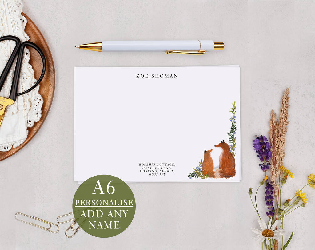 Botanical Fox Personalised Address Note Cards A6 Notecard Set, 1 of 6
