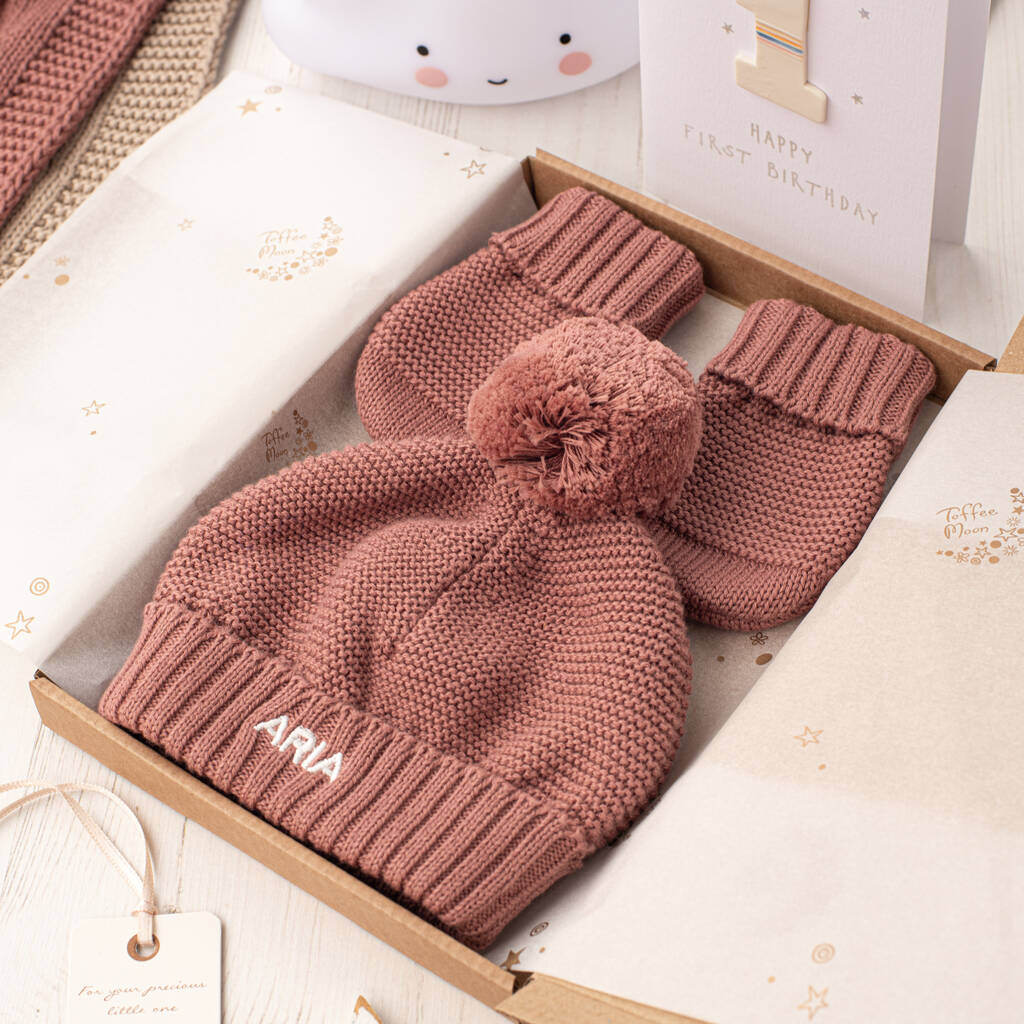 First Birthday Personalised Bobble Hat And Mittens Set, 1 of 12