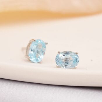 Natural Blue Topaz Stone Oval Stud Earrings, 3 of 9