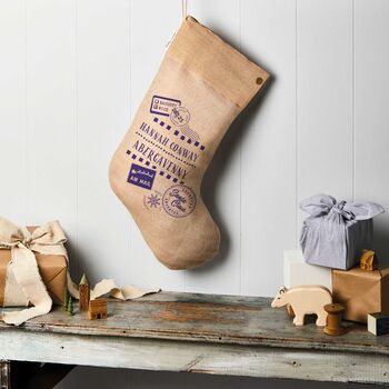 Personalised Stamp Juco Linen Christmas Stocking, 2 of 4