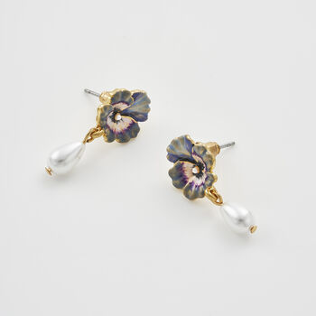 Gold Pansy And Pearl Drop Stud Earrings, 5 of 8