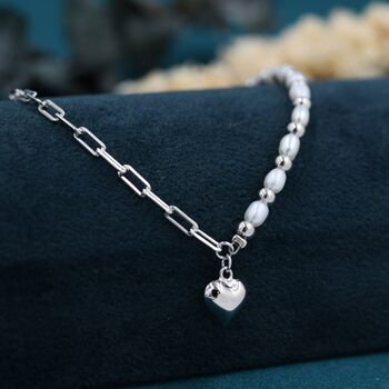 Sterling Silver Freshwater Pearl And Paperclip Beaded Bracelet With A Heart Charm, 4 of 12
