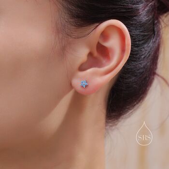 Tiny Blue Cz Flower Stud Earrings In Sterling Silver, 2 of 12