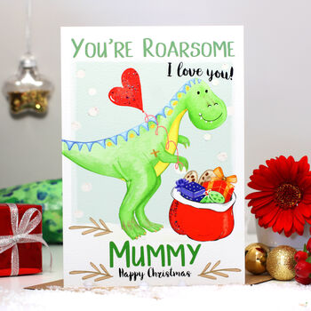 Personalised Mummy Daddy Dinosaur Christmas Card, 3 of 8