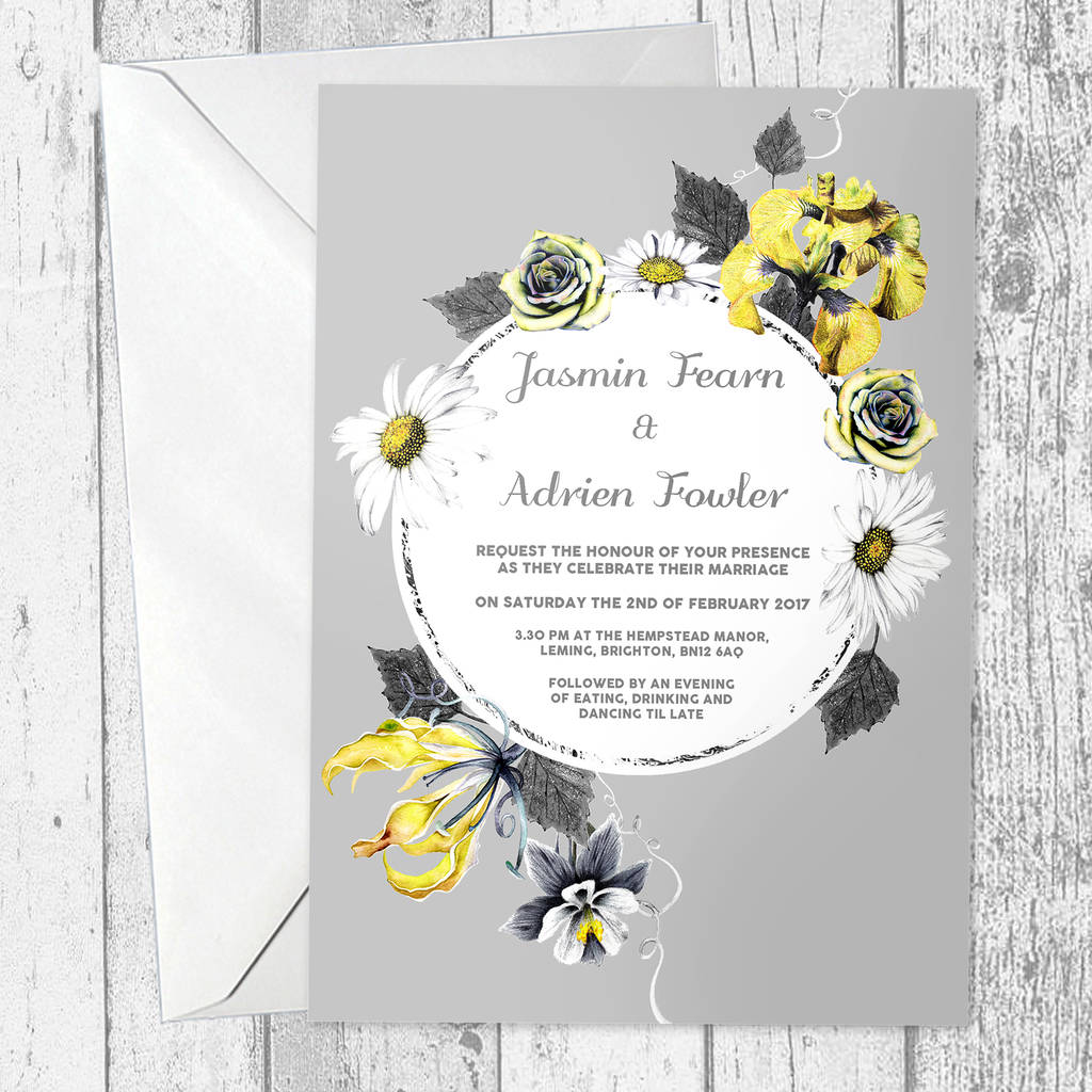 yellow and grey floral wedding invitations by bloom cocoon