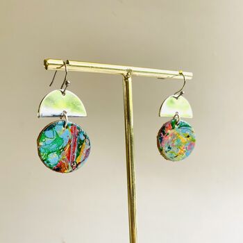 Handmade Leather Small Full Moon Dangly Earrings Marbled, 3 of 8