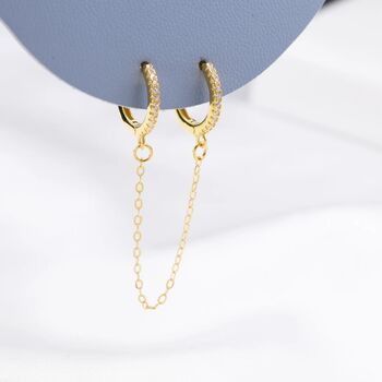 Double Piercing Cz Hoop Earrings With Linking Chain, 2 of 8