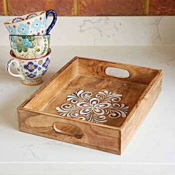 Floral Carved Natural Mango Wood Tea Tray, 3 of 7