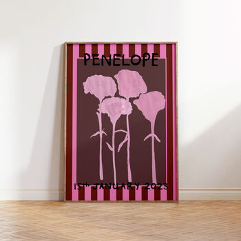 Personalised Striped Birth Flower New Baby Art Prints, 2 of 12
