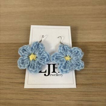 Handmade Crochet Forget Me Not Earrings: Surgical Steel, 5 of 11
