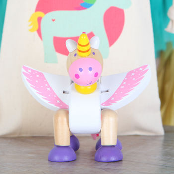 Wooden Unicorn Flexible Toy And Personalised Cotton Bag, 5 of 5