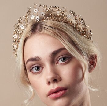 Wedding Tiara With Ivory Crystals And Flowers Coraline, 3 of 11