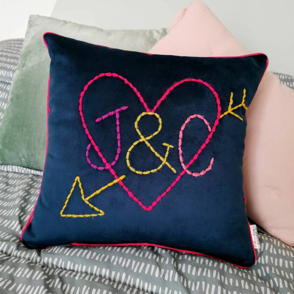 Love Heart Initial Embroidered Velvet Cushion, 1 of 4