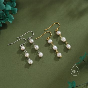 Sterling Silver Irregular Shape Pearl Trio Drop Hook Earrings, 5 of 11