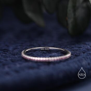 Sterling Silver Extra Skinny Pink Cz Pave Ring, 3 of 12