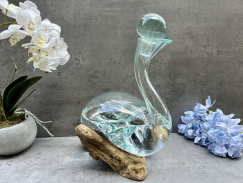 Molten Glass Wine Decanter With Stopper Teak Root Base, 9 of 12