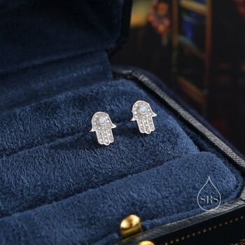 Sterling Silver Blue Opal Hamsa Hand Stud Earrings, 6 of 11