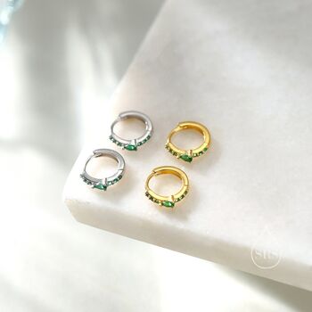 Sterling Silver Dainty Green Cz Huggie Hoop Earrings, 3 of 12