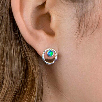 Molten Sterling Silver Blue Opal Halo Stud Earrings, 3 of 7