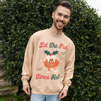 Let The Pud Times Roll Men's Christmas Jumper, 3 of 4