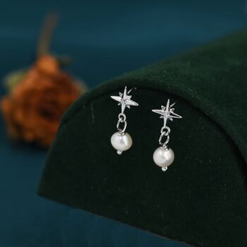 Tiny Starburst And Dangle Pearl Stud Earrings, 2 of 11