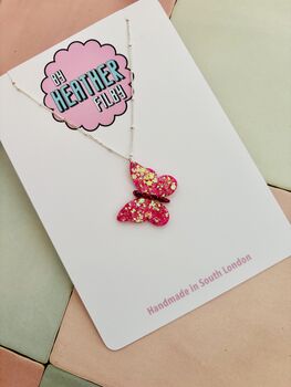 Pink Butterfly Glitter Charm Necklace / Garden Party Gift / Cute Nature Jewellery / Handmade Accessories, 5 of 7