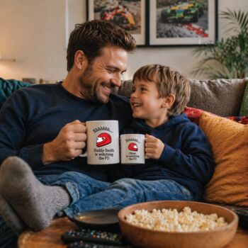 Personalised Daddy And Me Watching F1 Mugs, 3 of 7
