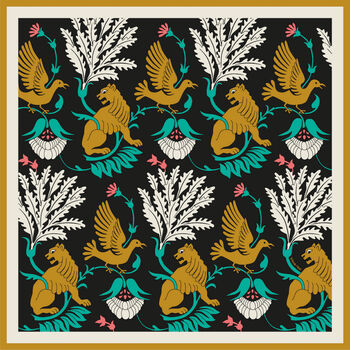 Regal Doves And Lions Multicolour On Black Luxury Silk Scarf 120cm * 120cm, 2 of 5