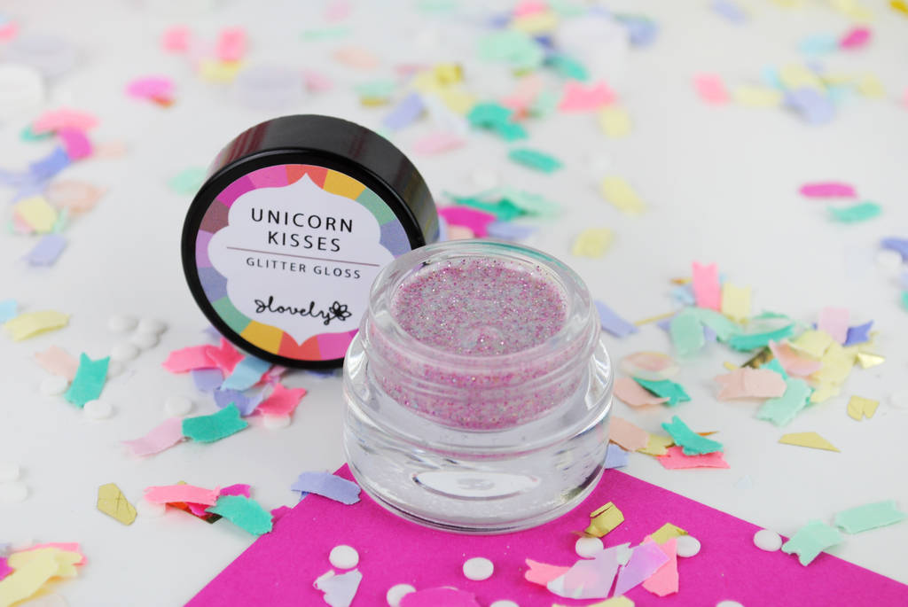 'unicorn kisses' handmade glitter lip gloss by lovely