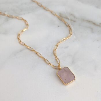 The Rectangle Rose Quartz Necklace, Gold Plated, 7 of 10