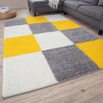 The Rugs Geometric Shaggy Rug Yellow Checkered Rug, 6 of 12