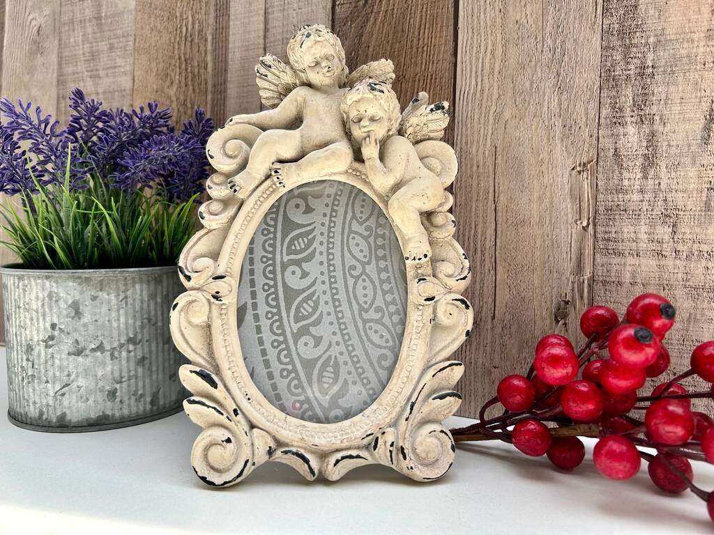 Angel 5x3.5 Inch Oval Photo Frame Distressed Off White Gift, 1 of 10