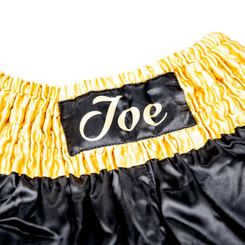 Personalised Boxing Shorts – Black And Gold Satin, 4 of 7