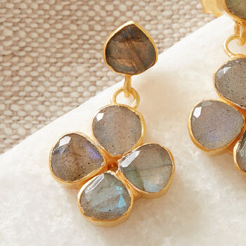 Labradorite Clover Gold Plated Silver Stud Earrings, 4 of 12