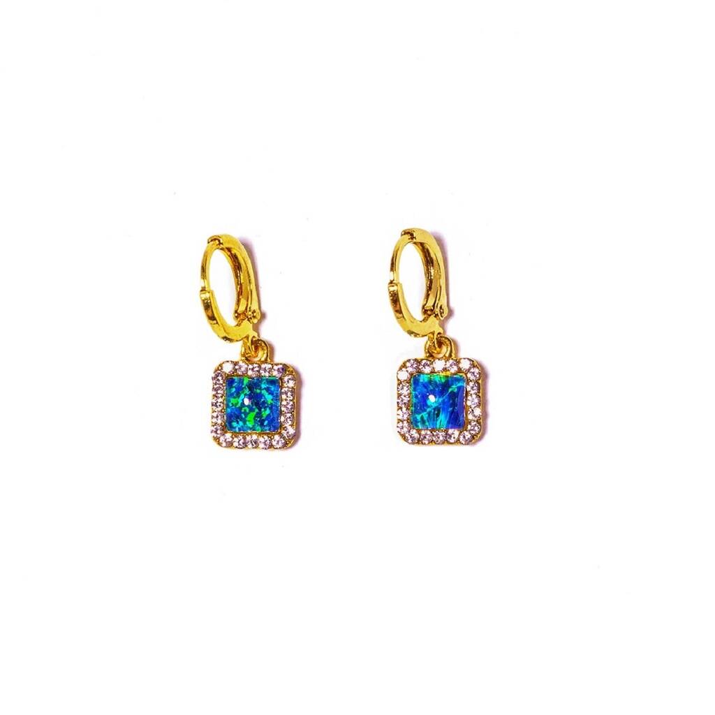 Square Opal Diamante 24k Gold Plated Huggies Earrings, 1 of 7
