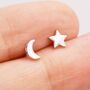 Tiny Crescent Moon And Star Stud Earrings, thumbnail 3 of 11